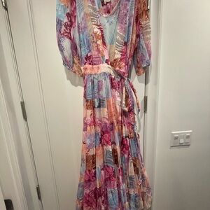 Johnny Was Pink and Red Puff Sleeve V-Neck Sundress